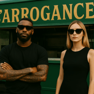 Een zelfverzekerde donkere man met tatoeages en zonnebril naast een stijlvolle witte vrouw met zonnebril, voor een groene foodtruck met de tekst “L’ARROGANCE”.