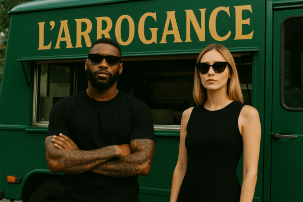 Een zelfverzekerde donkere man met tatoeages en zonnebril naast een stijlvolle witte vrouw met zonnebril, voor een groene foodtruck met de tekst “L’ARROGANCE”.